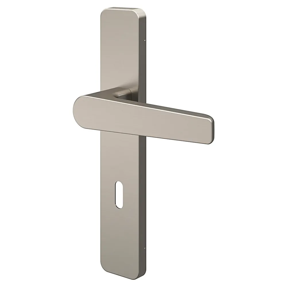 GoodHome Poignée De Porte<Ensemble poignée sur plaque rectangulaire serrure Kerver effet nickel satin gris L.128mm x l.42mm entraxe 165-195mm