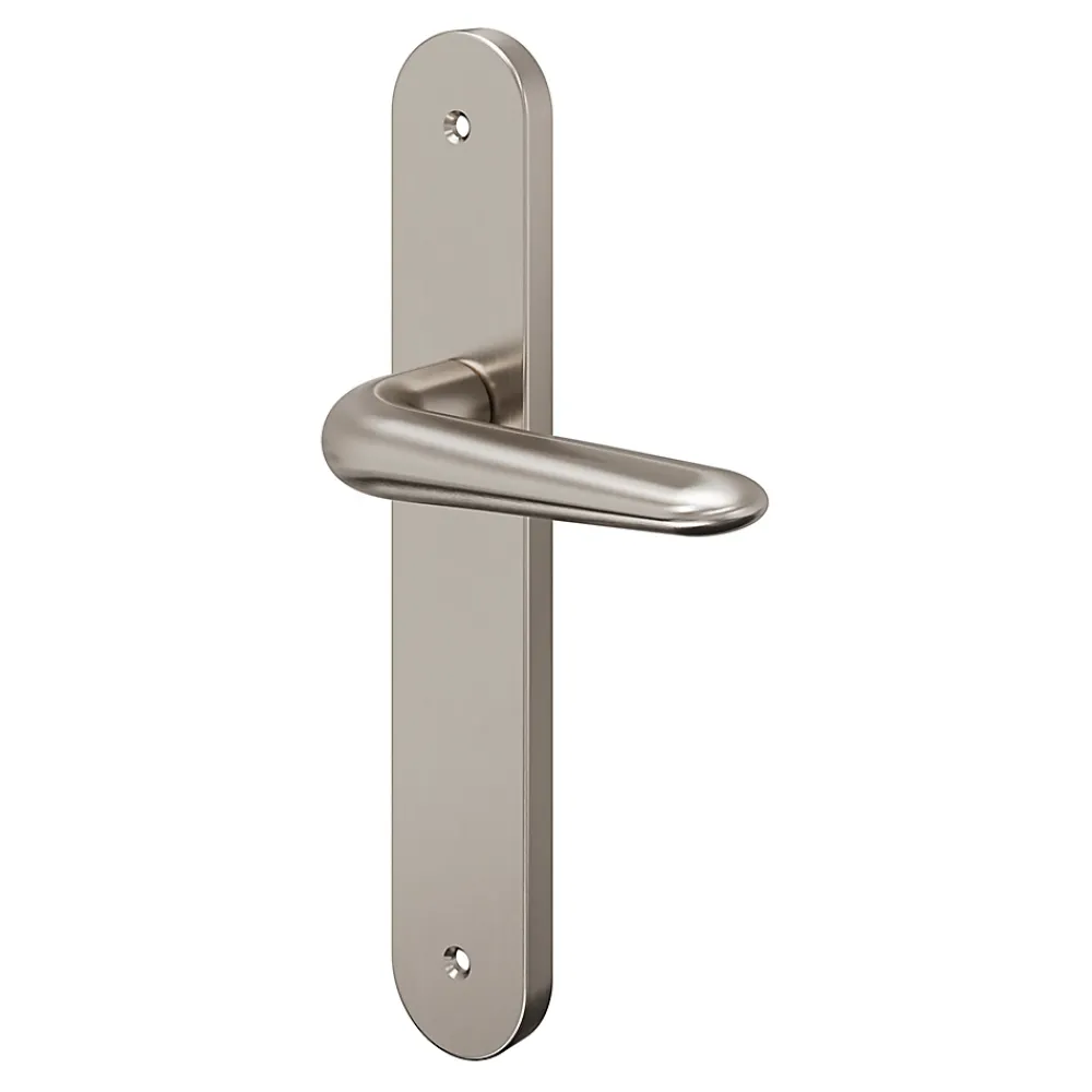 GoodHome Poignée De Porte<Ensemble poignée sur plaque Droit Mehaban effet nickel satin gris L.120mm x l.40mm entraxe 195mm