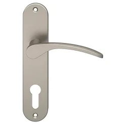GoodHome Poignée De Porte<Ensemble poignée sur plaque rondcylindre Beare effet nickel satin gris L.110.5mm x l.40mm entraxe 165mm