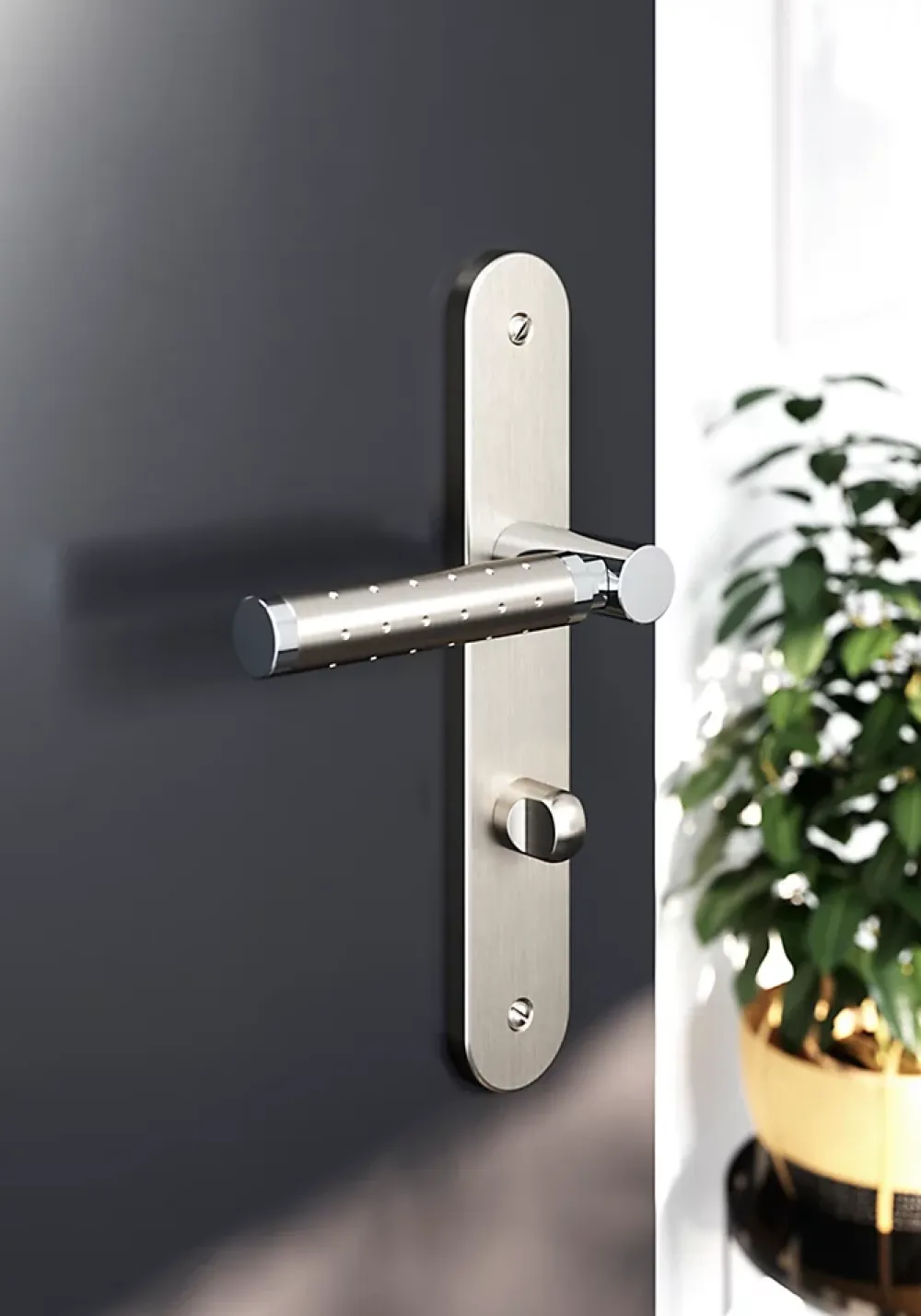 GoodHome Poignée De Porte<Ensemble poignée sur plaque rond à condamnation Brigg effet chrome et nickel satin gris L.132mm x l.40mm entraxe 195mm