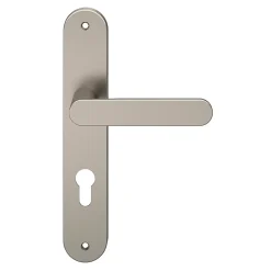 GoodHome Poignée De Porte Extérieure<Ensemble poignée sur plaque rond Minzh effet nickel satin gris L.120mm x l.40mm entraxe 195mm