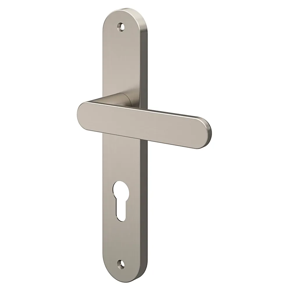 GoodHome Poignée De Porte Extérieure<Ensemble poignée sur plaque rond Minzh effet nickel satin gris L.120mm x l.40mm entraxe 195mm