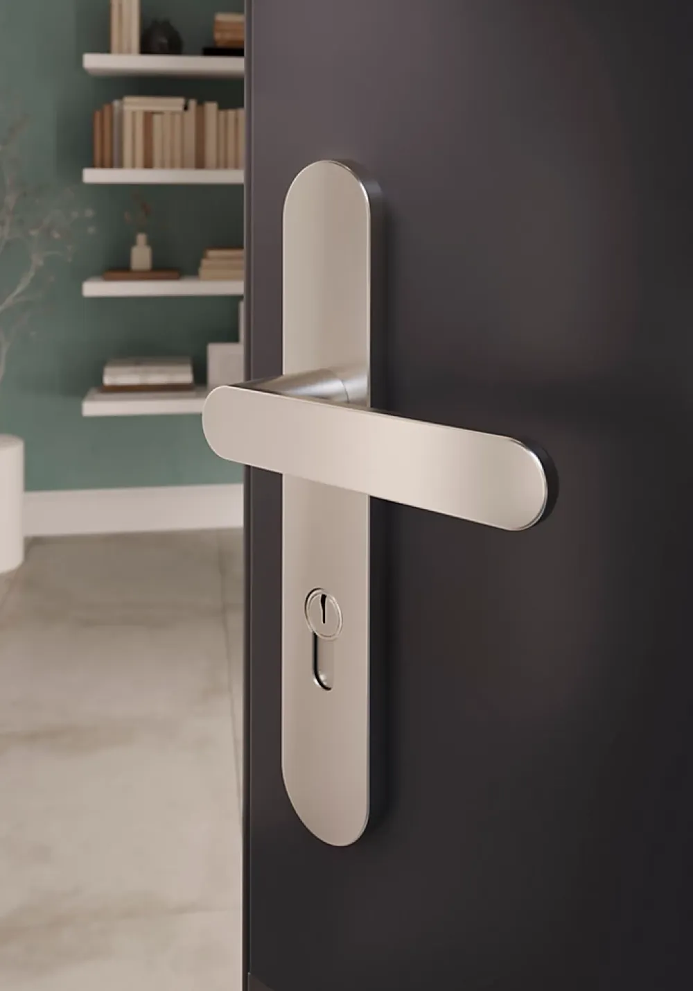 GoodHome Poignée De Porte Extérieure<Ensemble poignée sur plaque rond Minzh effet nickel satin gris L.120mm x l.40mm entraxe 195mm