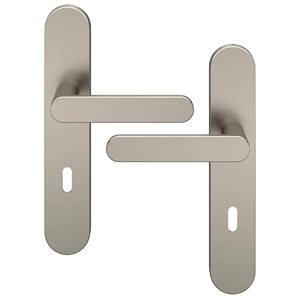 GoodHome Poignée De Porte<Ensemble poignée sur plaque rond serrure Minzh effet nickel satin gris L.120mm x l.42mm entraxe 165-195mm
