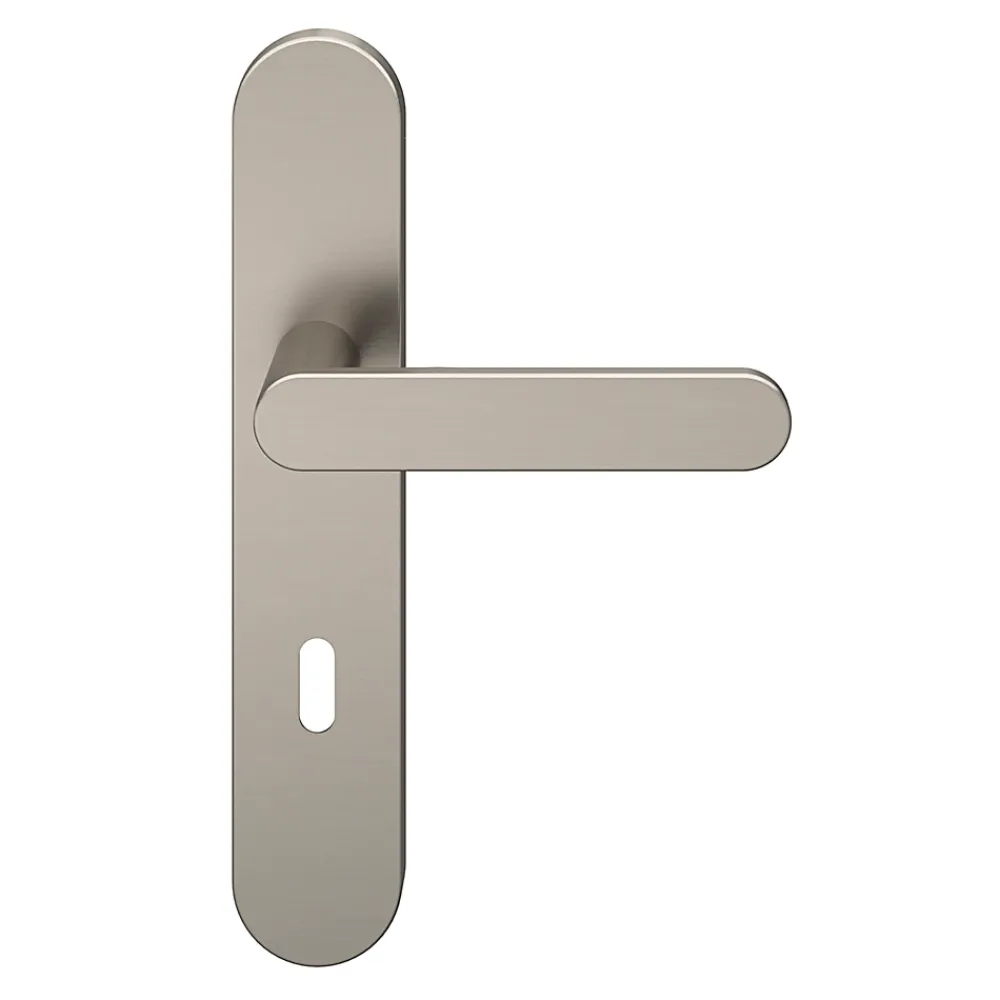GoodHome Poignée De Porte<Ensemble poignée sur plaque rond serrure Minzh effet nickel satin gris L.120mm x l.42mm entraxe 165-195mm
