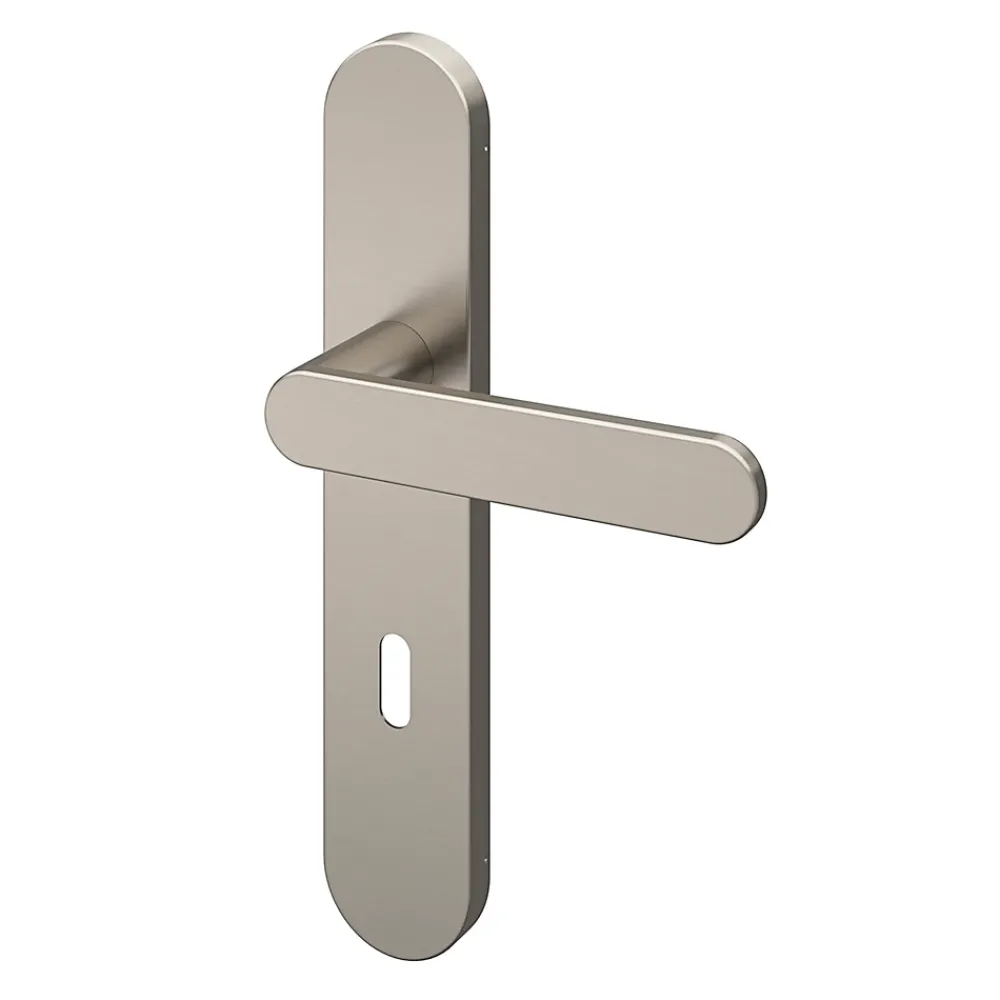 GoodHome Poignée De Porte<Ensemble poignée sur plaque rond serrure Minzh effet nickel satin gris L.120mm x l.42mm entraxe 165-195mm