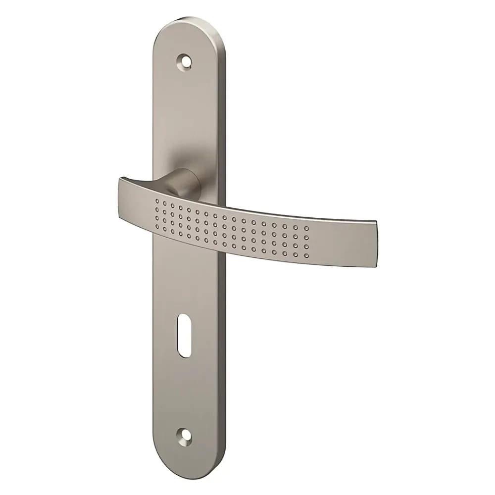 GoodHome Ensemble poignée sur plaque rond serrure Diss effet nickel satin gris L.139mm x l.40mm entraxe 195mm- Poignée De Porte