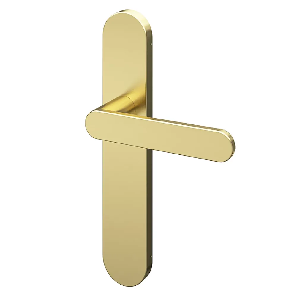 GoodHome Poignée De Porte<Ensemble poignée sur plaque rond Minzh effet laiton satin doré L.120mm x l.42mm entraxe 165-195mm