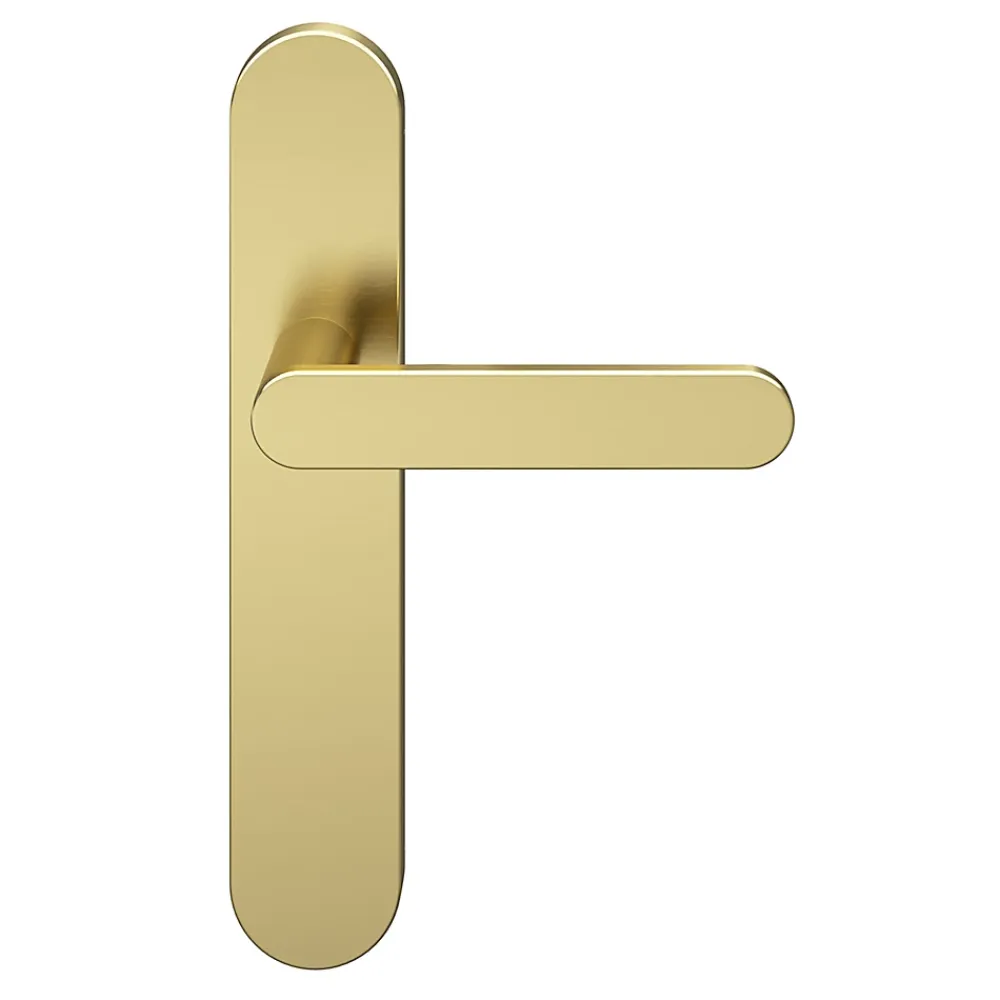 GoodHome Poignée De Porte<Ensemble poignée sur plaque rond Minzh effet laiton satin doré L.120mm x l.42mm entraxe 165-195mm