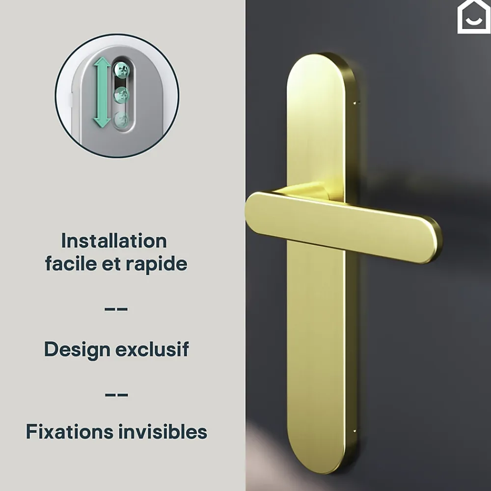 GoodHome Poignée De Porte<Ensemble poignée sur plaque rond Minzh effet laiton satin doré L.120mm x l.42mm entraxe 165-195mm