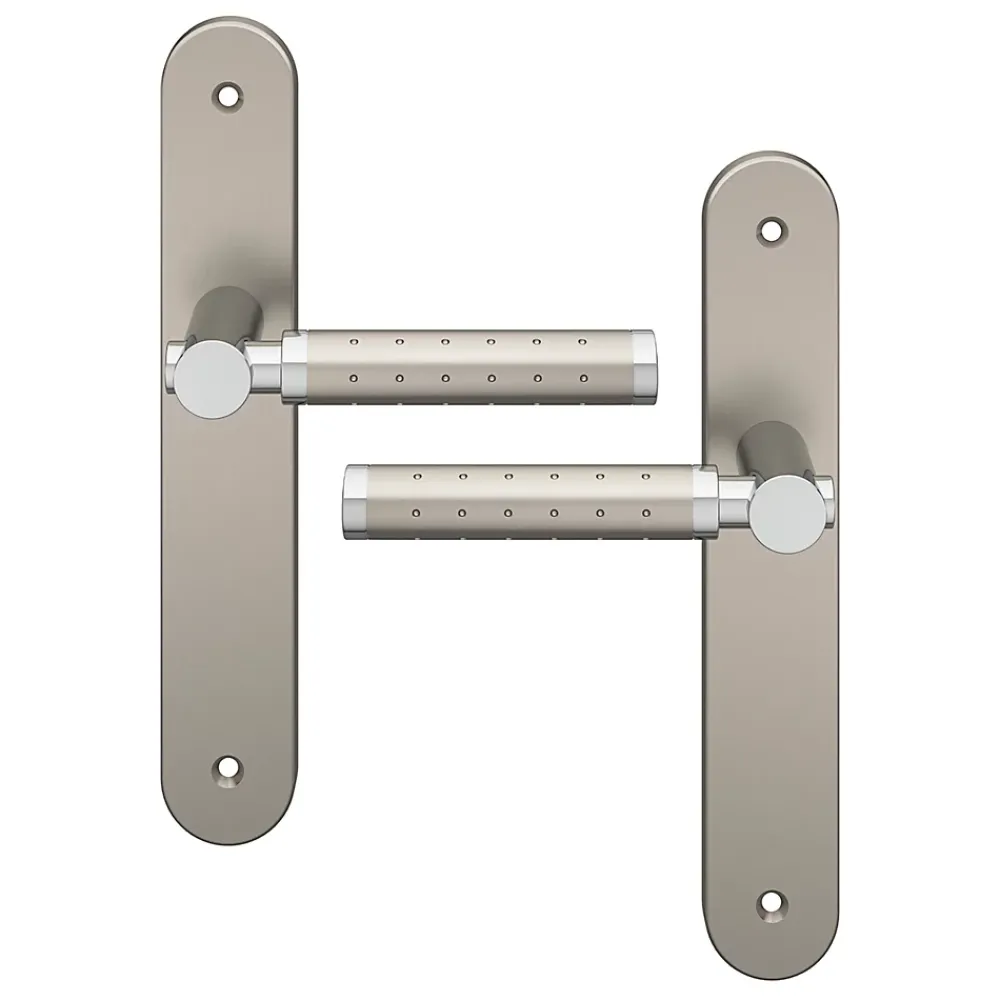 GoodHome Poignée De Porte<Ensemble poignée sur plaque rond Brigg effet chrome et nickel satin gris L.132mm x l.40mm entraxe 195mm