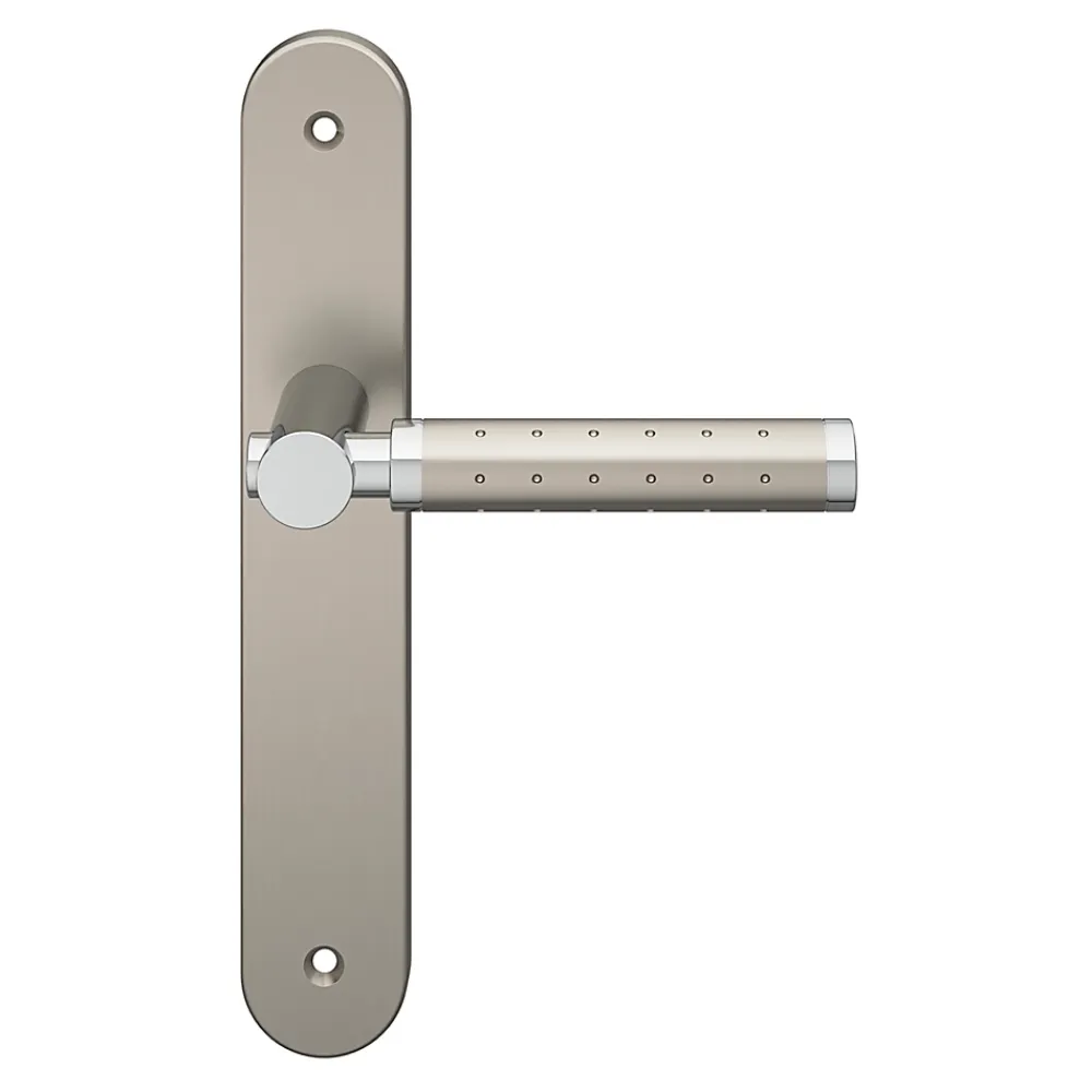 GoodHome Poignée De Porte<Ensemble poignée sur plaque rond Brigg effet chrome et nickel satin gris L.132mm x l.40mm entraxe 195mm