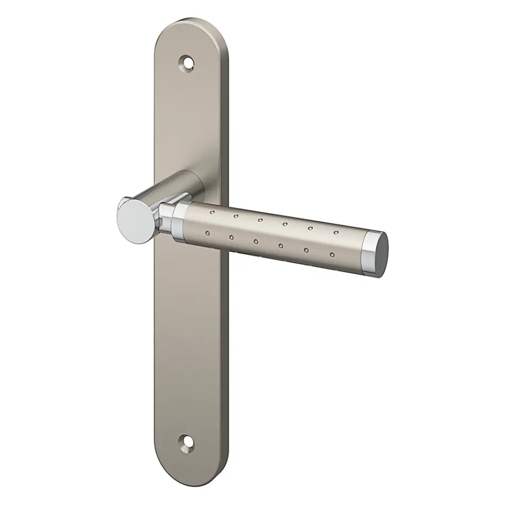 GoodHome Poignée De Porte<Ensemble poignée sur plaque rond Brigg effet chrome et nickel satin gris L.132mm x l.40mm entraxe 195mm