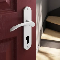 GoodHome Poignée De Porte<Ensemble poignée sur plaque rondcylindre Beare mat blanc L.110.5mm x l.40mm entraxe 165mm