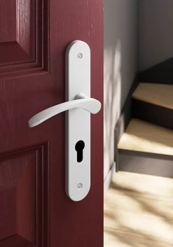 GoodHome Poignée De Porte<Ensemble poignée sur plaque rondcylindre Beare mat blanc L.110.5mm x l.40mm entraxe 195mm