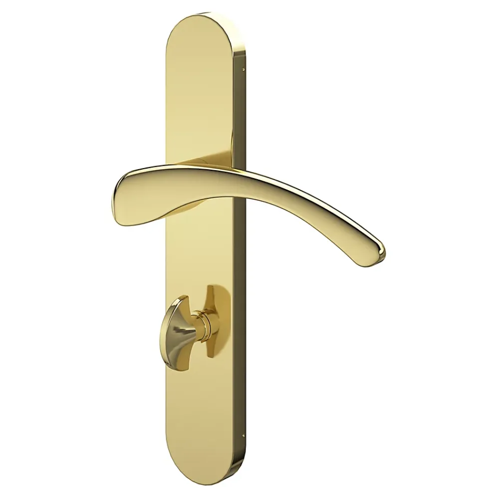 GoodHome Poignée De Porte<Ensemble poignée sur plaque rond à condamnation Ruis effet laiton doré L.138.5mm x l.42mm entraxe 165-195mm