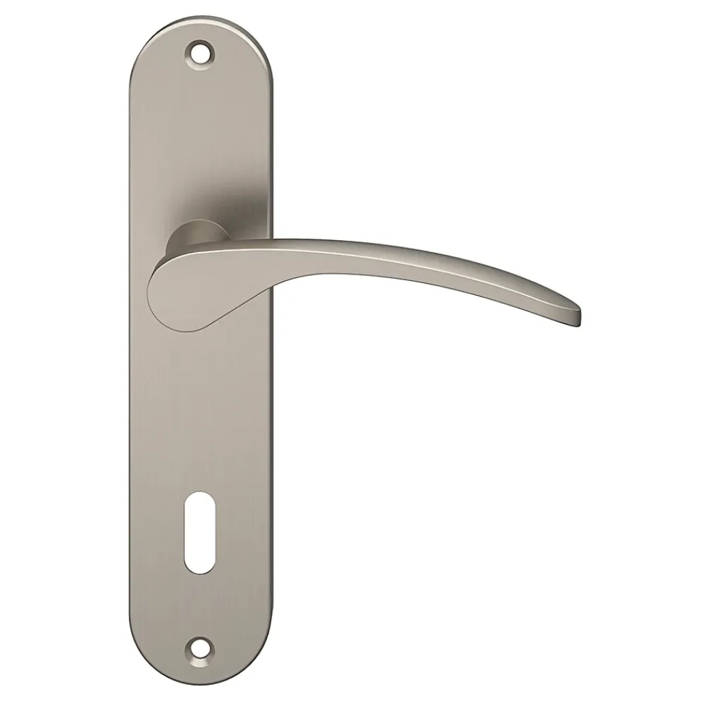 GoodHome Poignée De Porte<Ensemble poignée sur plaque rond serrure Beare effet nickel satin gris L.110.5mm x l.40mm entraxe 165mm
