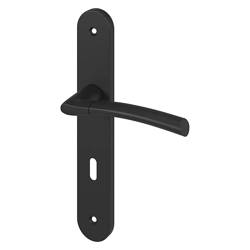 GoodHome Poignée De Porte<Ensemble poignée sur plaque rond serrure Hirel effet nickel mat noir L.128mm x l.40mm entraxe 195mm