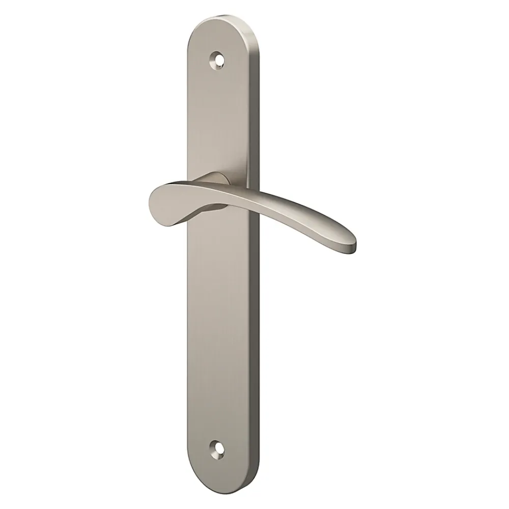 GoodHome Poignée De Porte<Ensemble poignée sur plaque rond Beare effet nickel satin gris L.110.5mm x l.40mm entraxe 195mm
