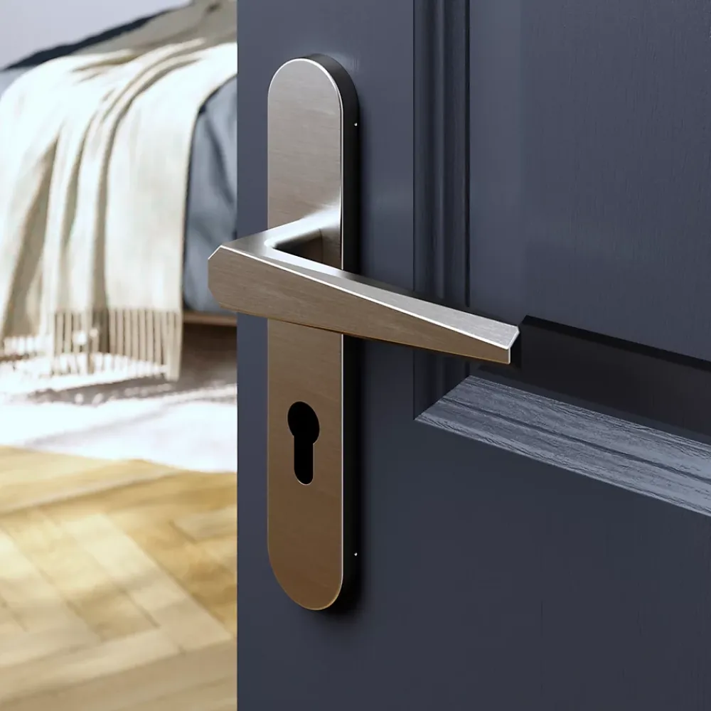 GoodHome Poignée De Porte<Ensemble poignée sur plaque rondcylindre Keri effet nickel satin gris L.140mm x l.42mm entraxe 165-195mm