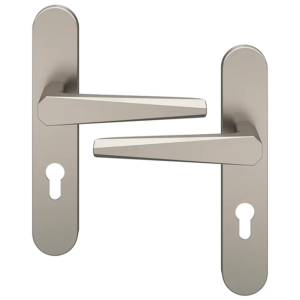 GoodHome Poignée De Porte<Ensemble poignée sur plaque rondcylindre Keri effet nickel satin gris L.140mm x l.42mm entraxe 165-195mm