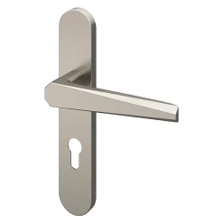 GoodHome Poignée De Porte<Ensemble poignée sur plaque rondcylindre Keri effet nickel satin gris L.140mm x l.42mm entraxe 165-195mm