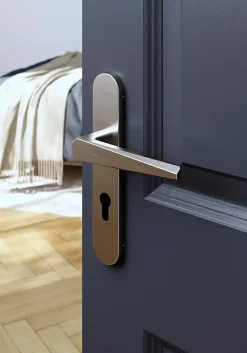 GoodHome Poignée De Porte<Ensemble poignée sur plaque rondcylindre Keri effet nickel satin gris L.140mm x l.42mm entraxe 165-195mm