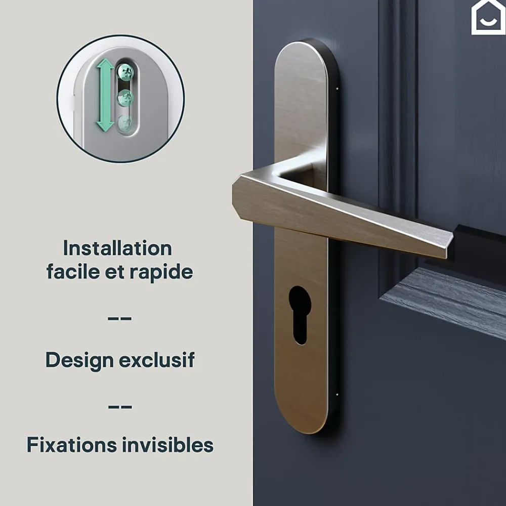 GoodHome Poignée De Porte<Ensemble poignée sur plaque rondcylindre Keri effet nickel satin gris L.140mm x l.42mm entraxe 165-195mm