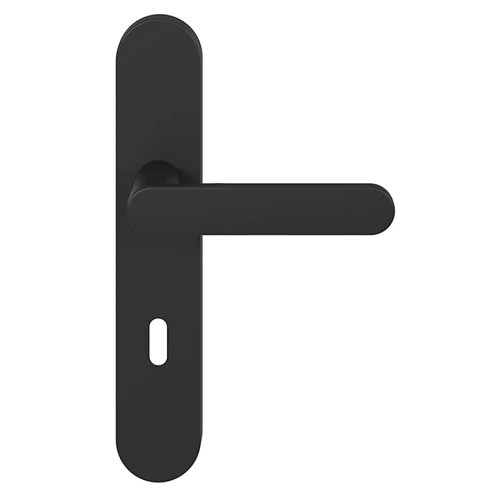 GoodHome Ensemble poignée sur plaque rond serrure Minzh effet nickel mat noir L.120mm x l.42mm entraxe 165-195mm- Poignée De Porte