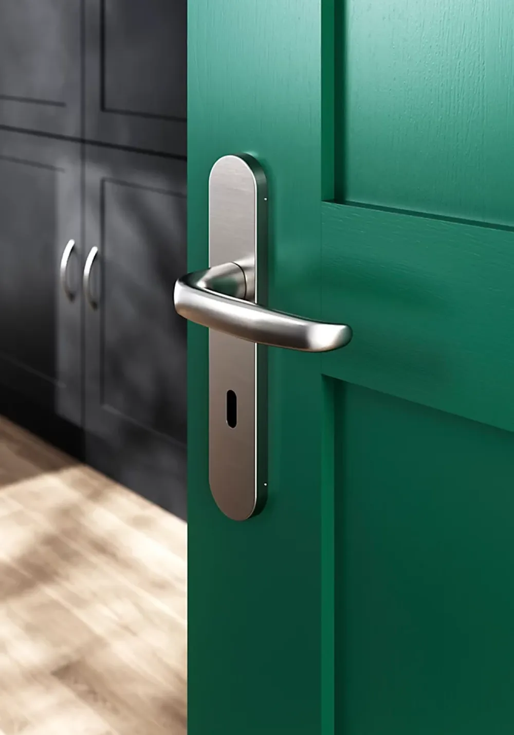 GoodHome Ensemble poignée sur plaque rond serrure Govlin effet nickel satin gris L.130mm x l.42mm entraxe 165-195mm- Poignée De Porte