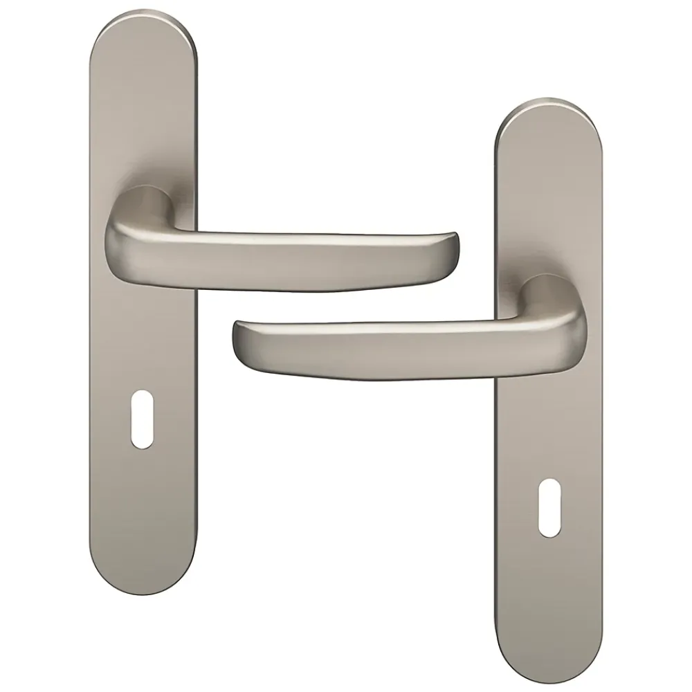 GoodHome Ensemble poignée sur plaque rond serrure Govlin effet nickel satin gris L.130mm x l.42mm entraxe 165-195mm- Poignée De Porte