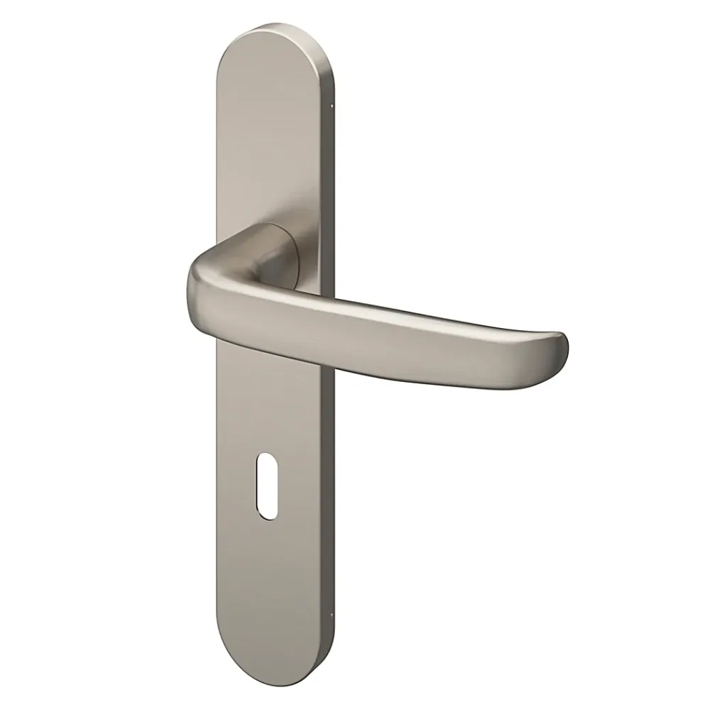 GoodHome Ensemble poignée sur plaque rond serrure Govlin effet nickel satin gris L.130mm x l.42mm entraxe 165-195mm- Poignée De Porte