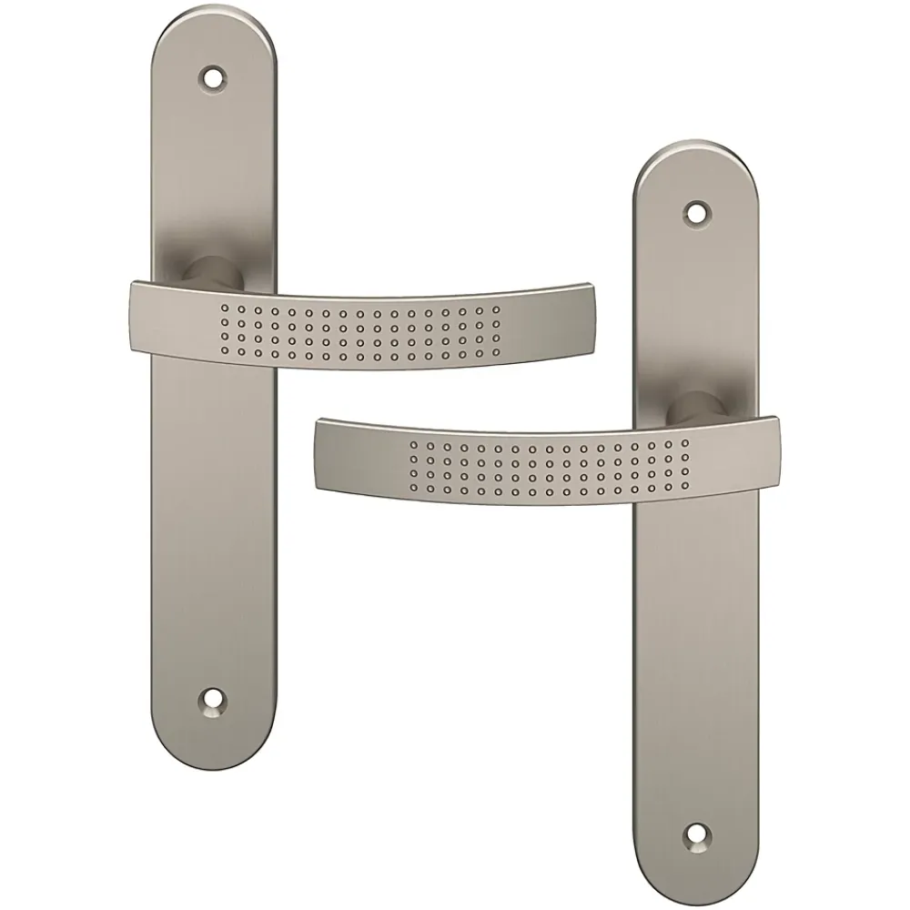 GoodHome Poignée De Porte<Ensemble poignée sur plaque rond Diss effet nickel satin gris L.139mm x l.40mm entraxe 195mm