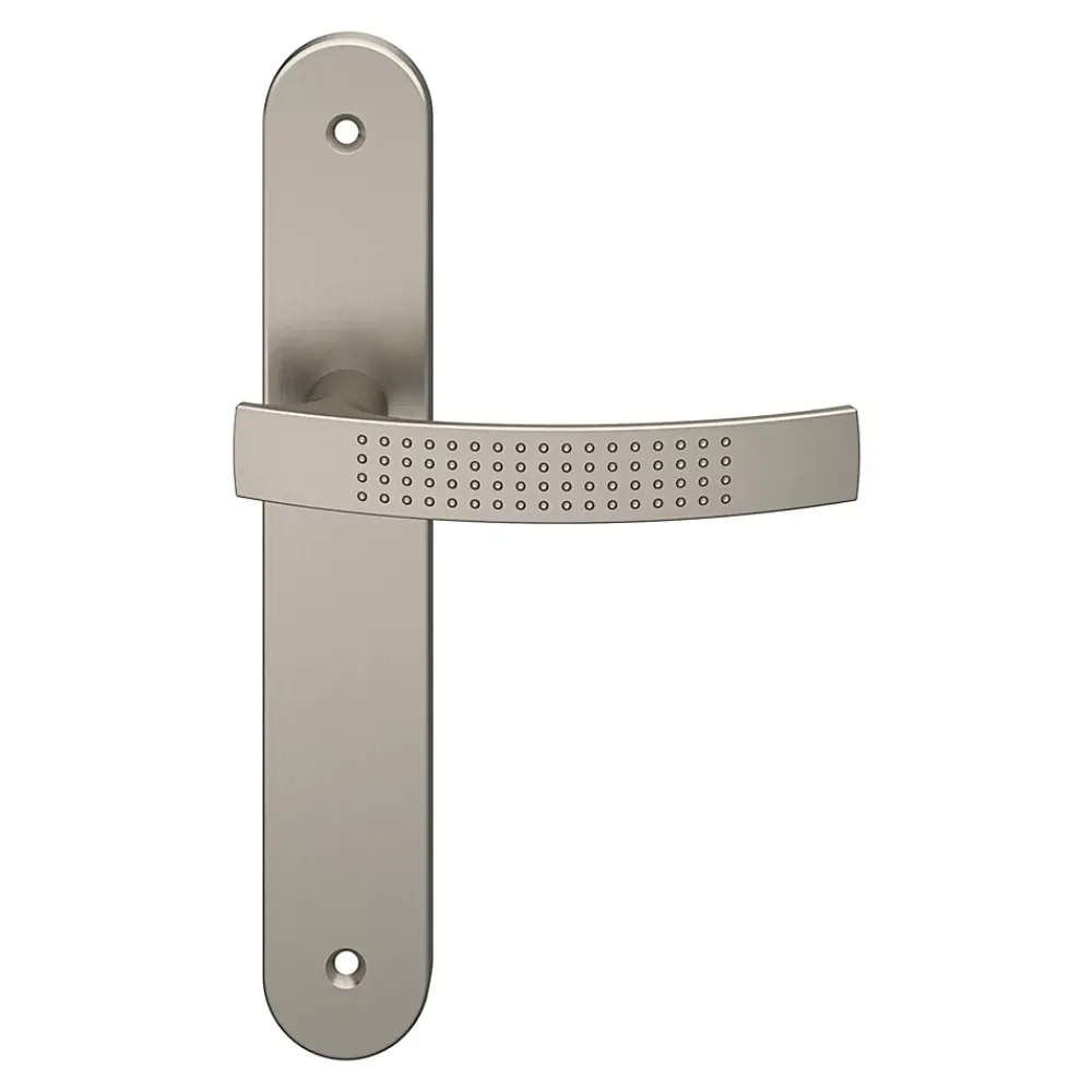 GoodHome Poignée De Porte<Ensemble poignée sur plaque rond Diss effet nickel satin gris L.139mm x l.40mm entraxe 195mm