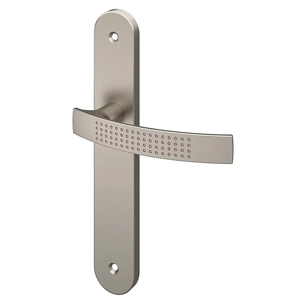 GoodHome Poignée De Porte<Ensemble poignée sur plaque rond Diss effet nickel satin gris L.139mm x l.40mm entraxe 195mm