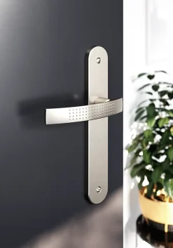 GoodHome Poignée De Porte<Ensemble poignée sur plaque rond Diss effet nickel satin gris L.139mm x l.40mm entraxe 195mm