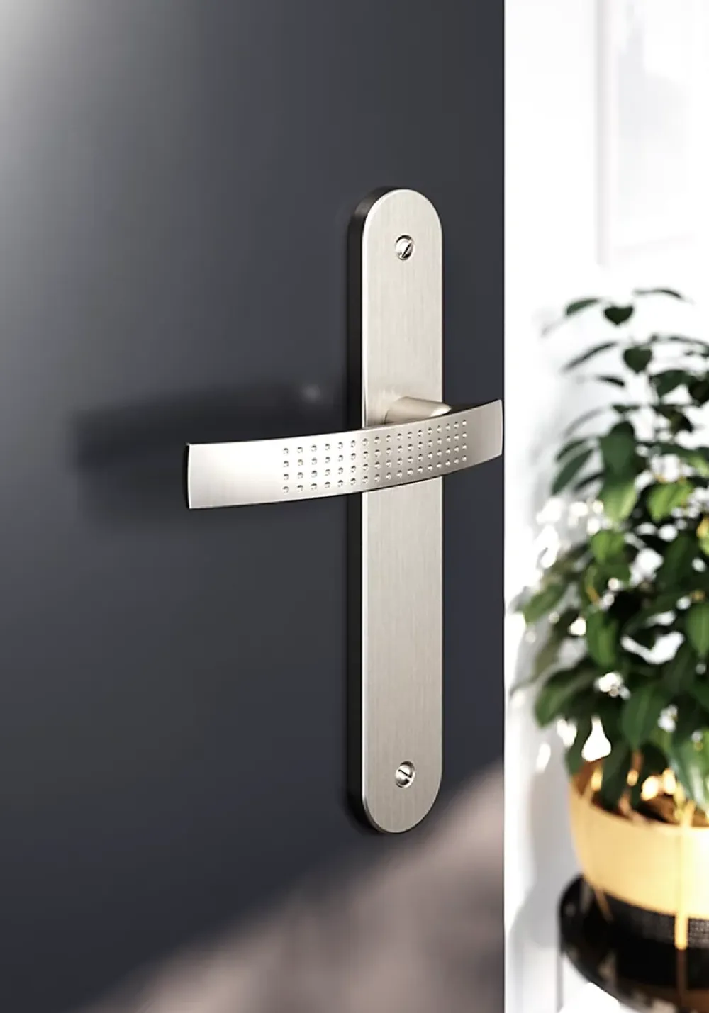 GoodHome Poignée De Porte<Ensemble poignée sur plaque rond Diss effet nickel satin gris L.139mm x l.40mm entraxe 195mm