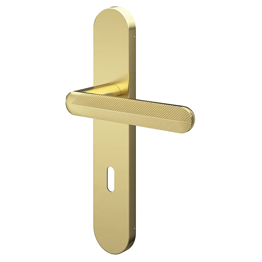 GoodHome Ensemble poignée sur plaque rond serrure Garlan effet laiton satin doré L.125mm x l.42mm entraxe 165-195mm- Poignée De Porte