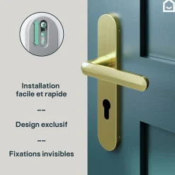GoodHome Poignée De Porte<Ensemble poignée sur plaque rondcylindre Garlan effet laiton satin doré L.125mm x l.42mm entraxe 165-195mm
