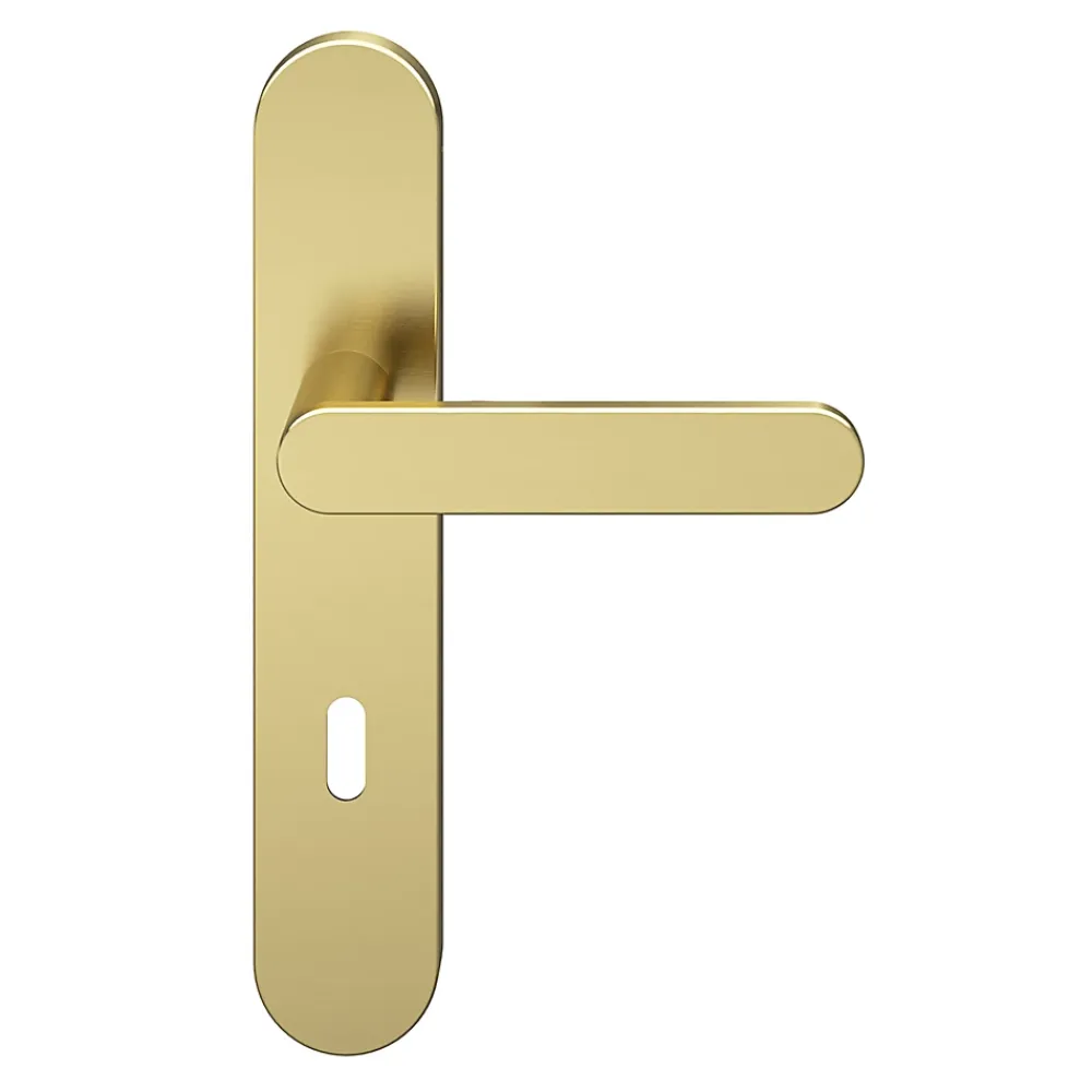 GoodHome Ensemble poignée sur plaque rond serrure Minzh effet laiton satin doré L.120mm x l.42mm entraxe 165-195mm- Poignée De Porte
