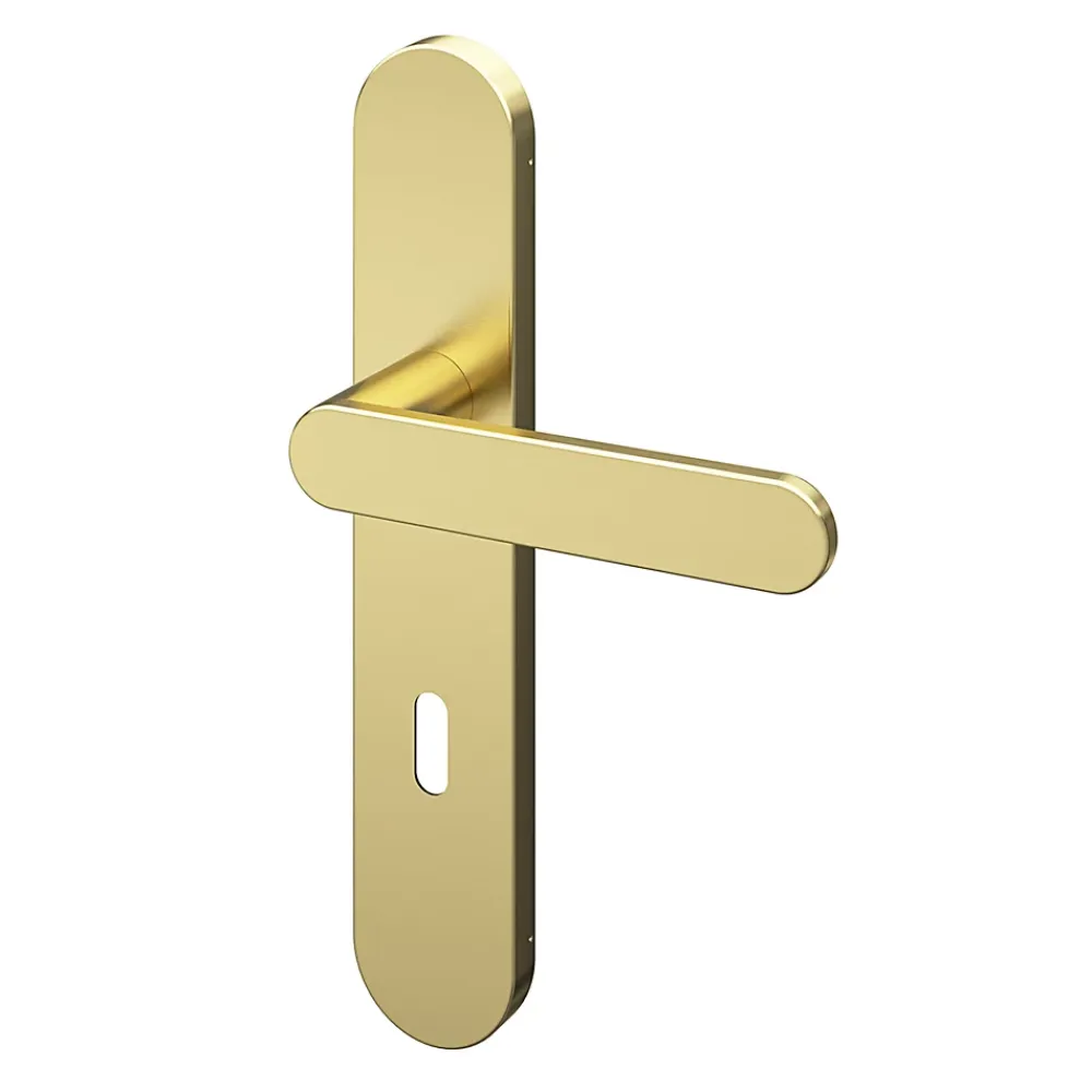 GoodHome Ensemble poignée sur plaque rond serrure Minzh effet laiton satin doré L.120mm x l.42mm entraxe 165-195mm- Poignée De Porte