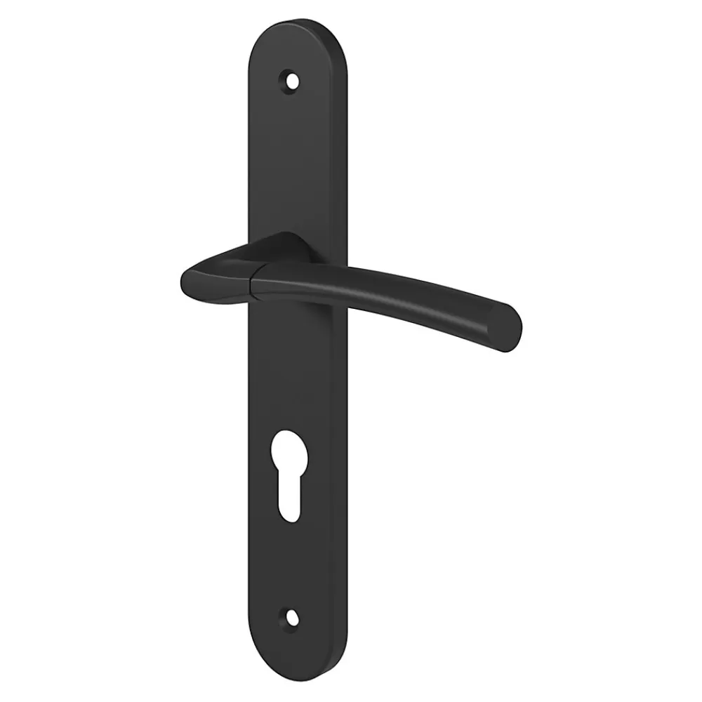 GoodHome Poignée De Porte<Ensemble poignée sur plaque rondcylindre Hirel effet nickel mat noir L.128mm x l.40mm entraxe 195mm