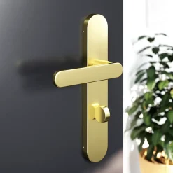 GoodHome Poignée De Porte<Ensemble poignée sur plaque rond à condamnation Minzh effet laiton satin doré L.120mm x l.42mm entraxe 165-195mm