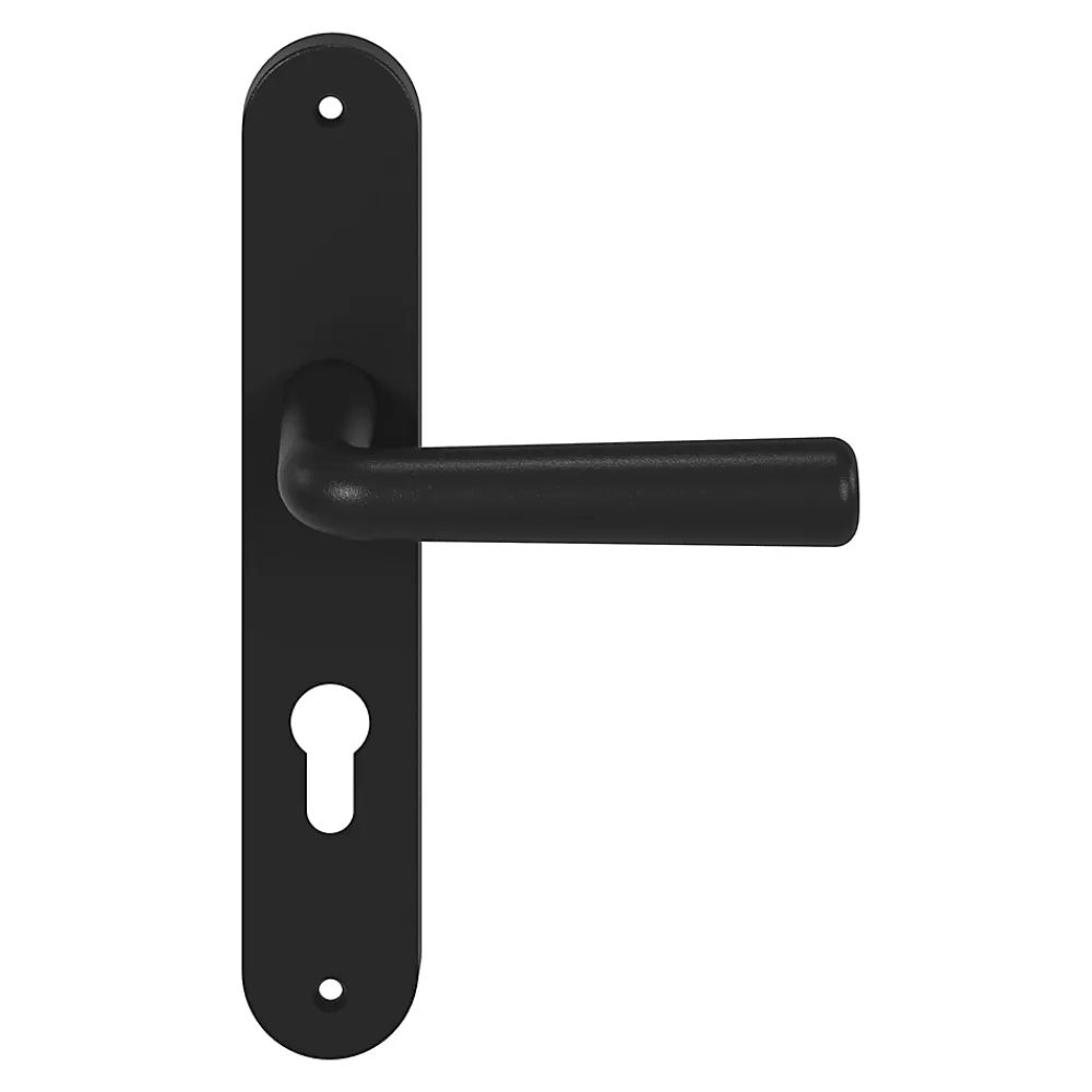 GoodHome Poignée De Porte Extérieure<Ensemble poignée sur plaque rond Dizel effet nickel noir L.121.5mm x l.40mm entraxe 195mm