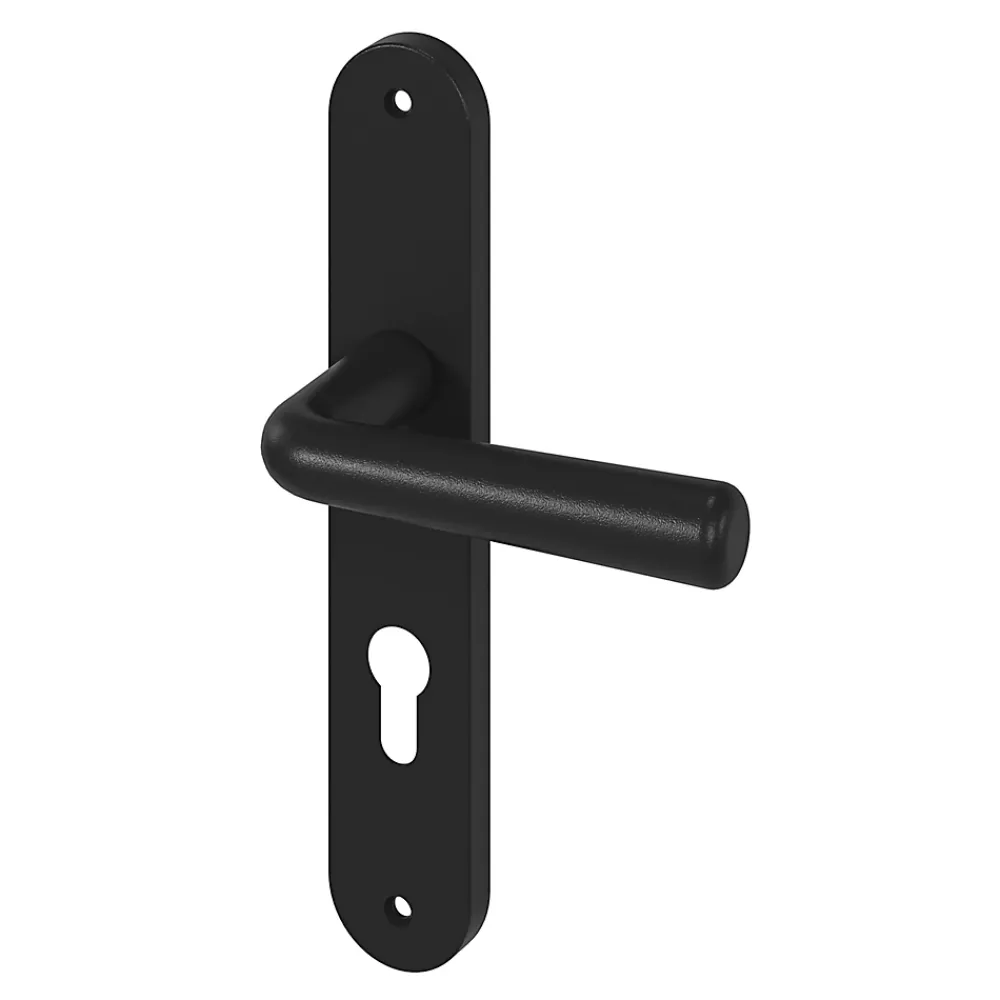 GoodHome Poignée De Porte Extérieure<Ensemble poignée sur plaque rond Dizel effet nickel noir L.121.5mm x l.40mm entraxe 195mm