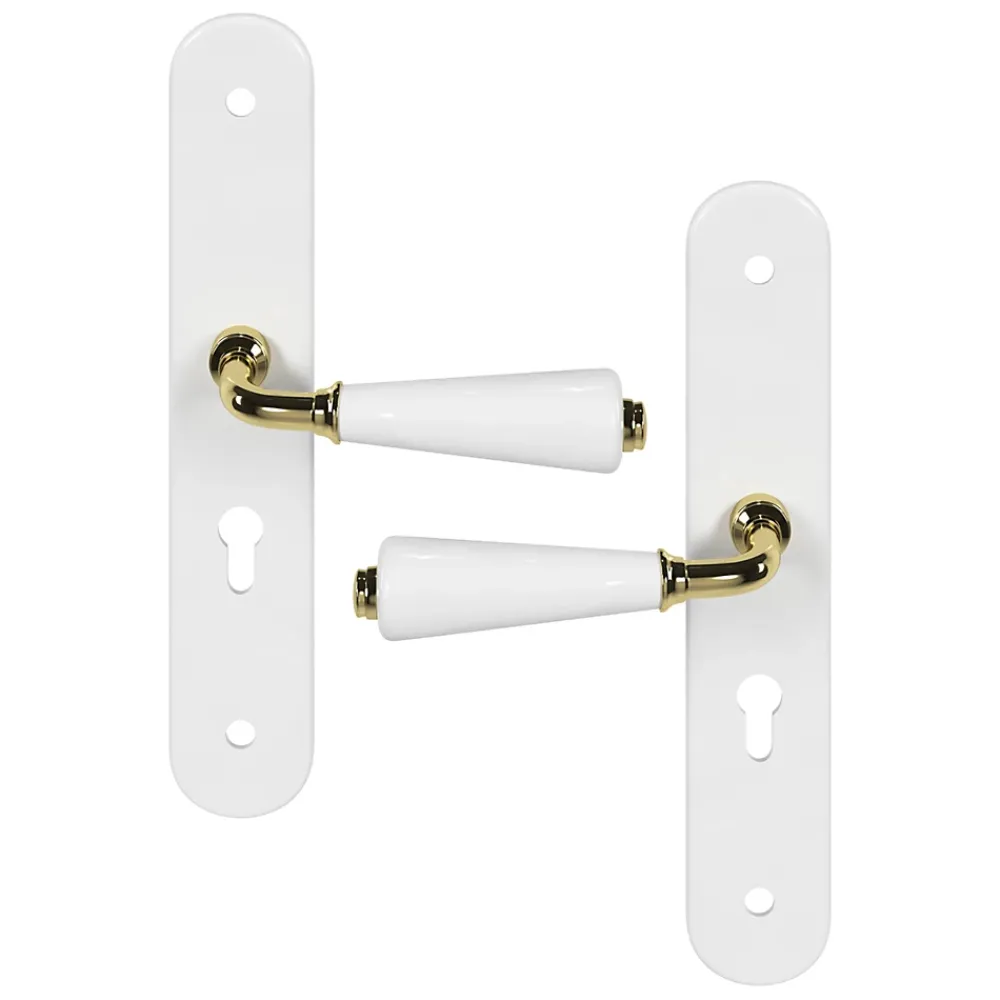 GoodHome Poignée De Porte<Ensemble poignée sur plaque Droit cylindre Porcelaine Vras blanc L.115mm x l.45mm entraxe 195mm