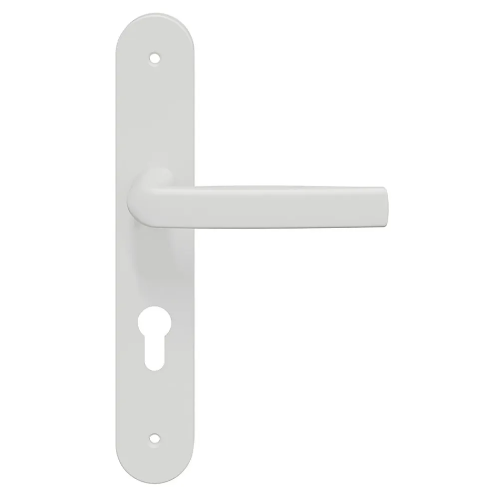 GoodHome Poignée De Porte<Ensemble poignée sur plaque Incurvé cylindre Primel mat blanc L.126mm x l.40mm entraxe 195mm