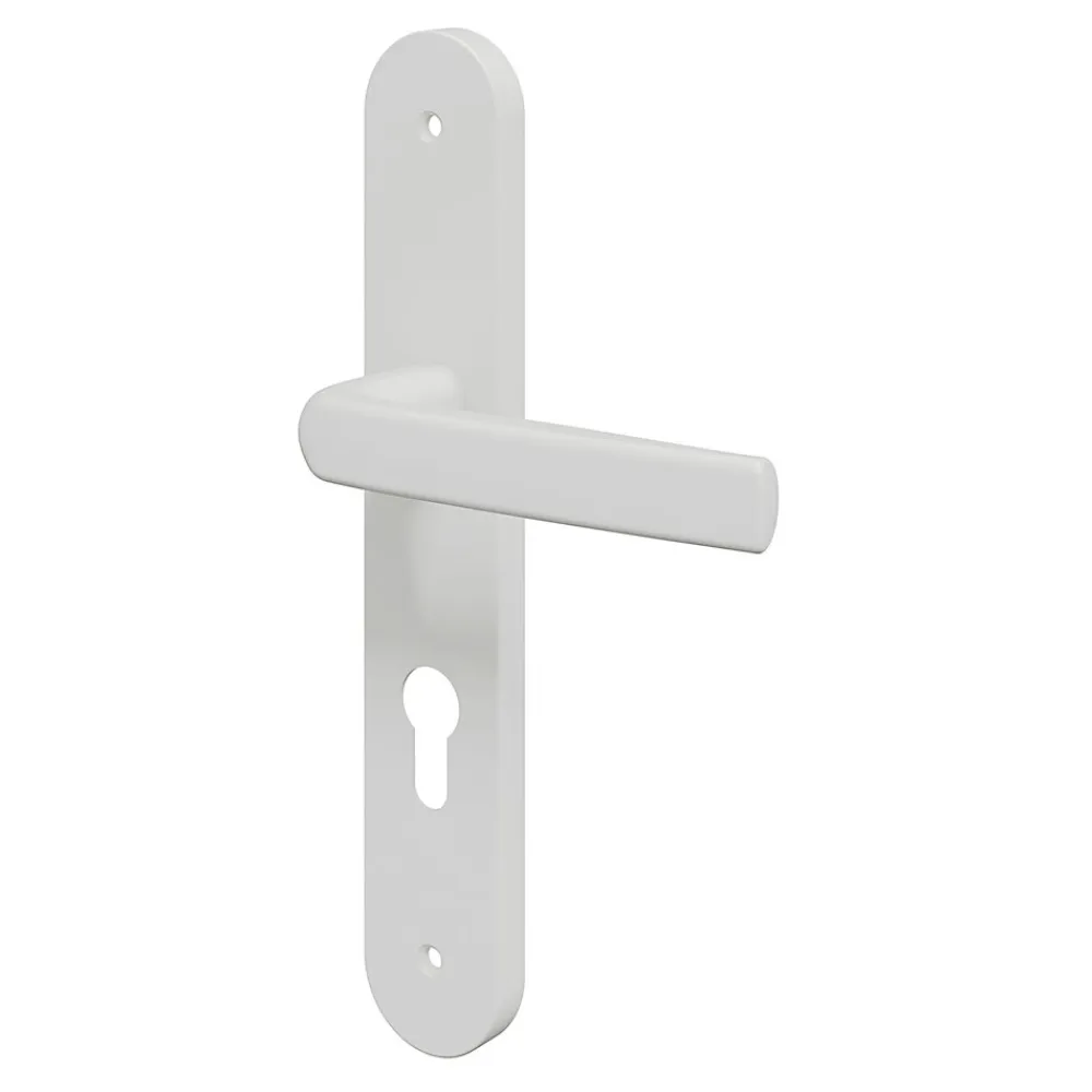 GoodHome Poignée De Porte<Ensemble poignée sur plaque Incurvé cylindre Primel mat blanc L.126mm x l.40mm entraxe 195mm