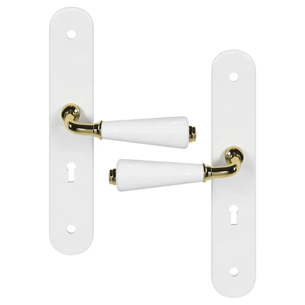 GoodHome Ensemble poignée sur plaque Droit serrure Porcelaine Vras blanc L.115mm x l.45mm entraxe 195mm- Poignée De Porte