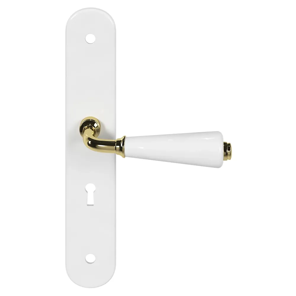 GoodHome Ensemble poignée sur plaque Droit serrure Porcelaine Vras blanc L.115mm x l.45mm entraxe 195mm- Poignée De Porte
